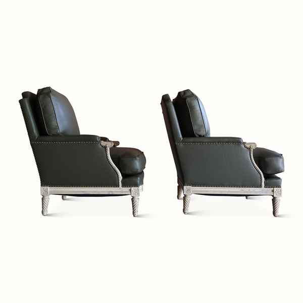 Pair of Green Leather Armchairs by Maison Jansen