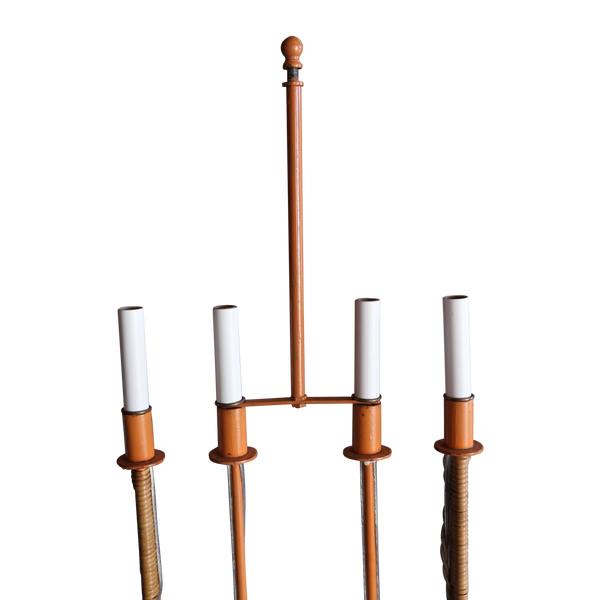 Floor lamp cluster with brown frame and four white cylindrical lamp shades