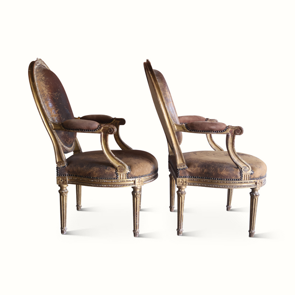Set of two side-view armchairs with curved arms, dark upholstered seats, and gilt accents