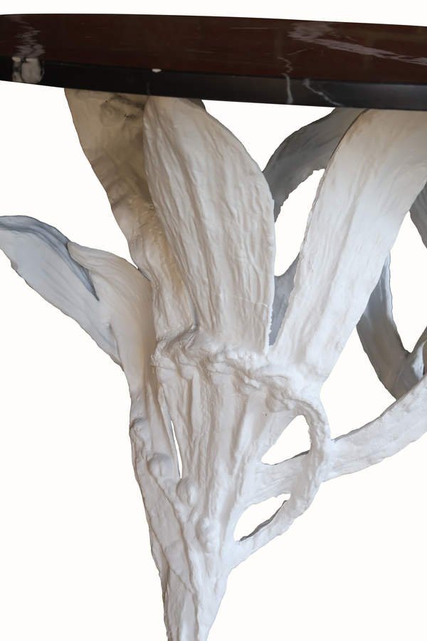 Table in Gesso Finish with Marble Top and Metal Leaves