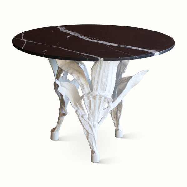 Table in Gesso Finish with Marble Top and Metal Leaves