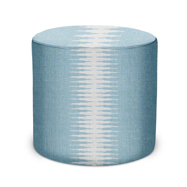 Indoor pouf by Peter Dunham: cylindrical blue ikat fabric with top seat and stitched sides