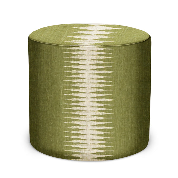 Olive green upholstered cylindrical pouf with off-white ikat stripe pattern