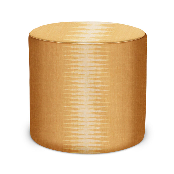 Round indoor pouf ottoman in golden tan fabric with light ikat stripe pattern top