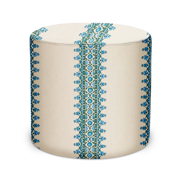 Cylindrical indoor pouf, beige with blue-green stripe and fringe trim