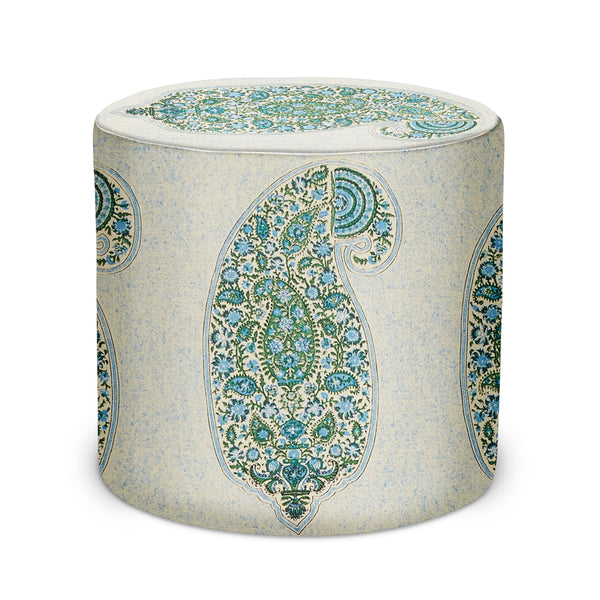 Round indoor pouf, light fabric with blue-green paisley medallion print