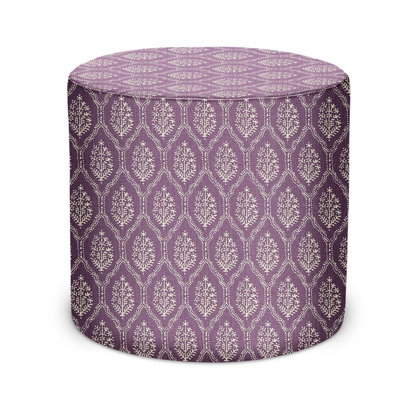 Amethyst purple jaali-pattern indoor pouf with round top and cylindrical shape