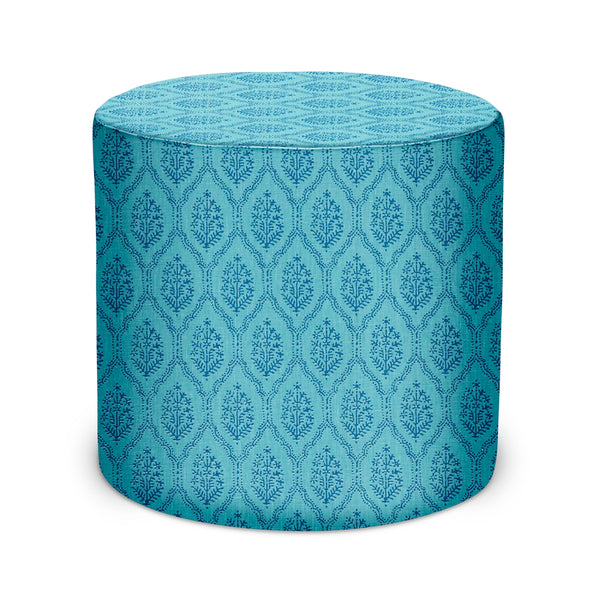 Jaali patterned indoor pouf ottoman in Iznik Blue, round cylinder with matching sides