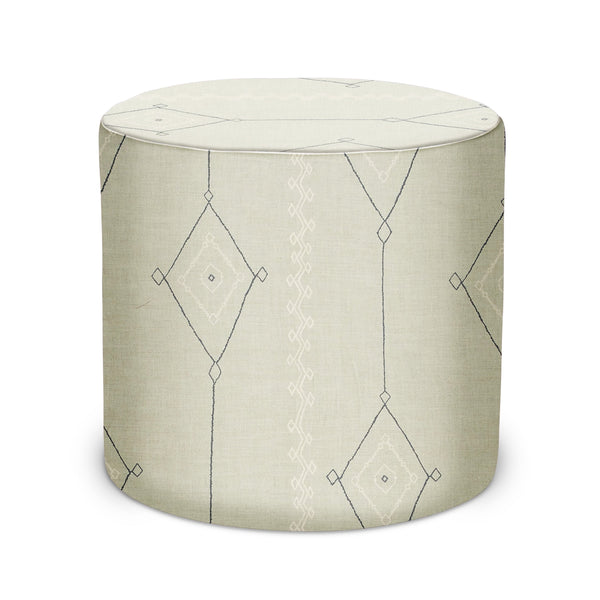 Round indoor pouf, light beige with geometric diamond pattern, fabric upholstery