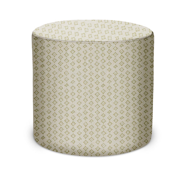 Cylindrical indoor pouf ottoman in celadon and natural geometric fabric pattern