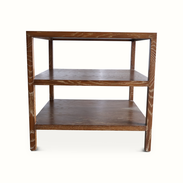 Tiered oak-look table with two shelves and open sides, distressed brown finish