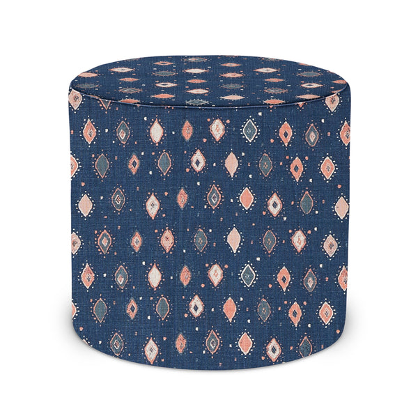 Geometric-pattern indoor pouf, blue fabric with pink and white diamonds, round top