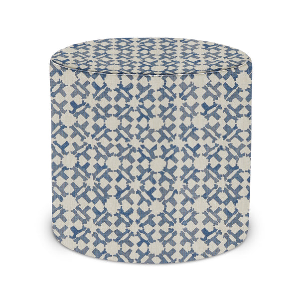 Indigo geometric fabric indoor pouf with round tufted top and cylindrical sides
