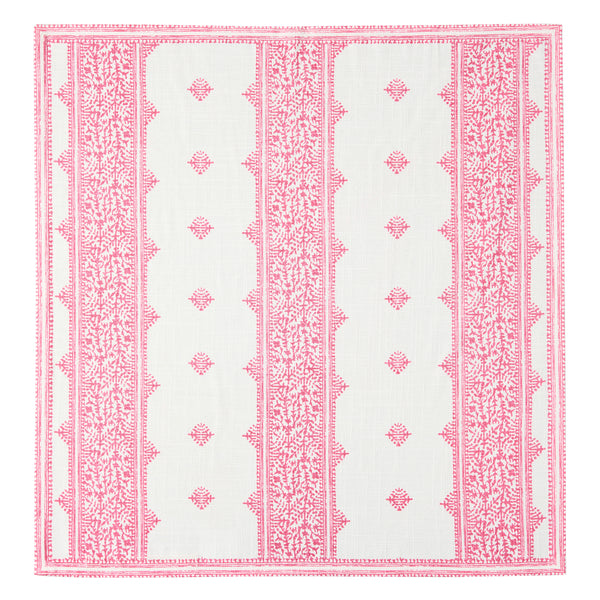 White square napkin with pink lattice stripes and scattered small motif print