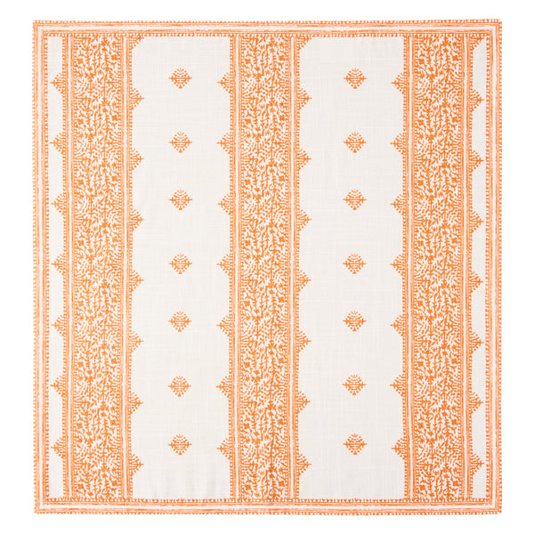 Orange and white printed napkin with border stripes and repeating geometric motifs, flat