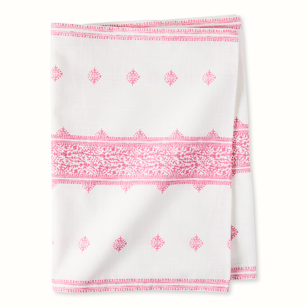 Runner with white base, pink stripe borders, and repeating ornate motif print