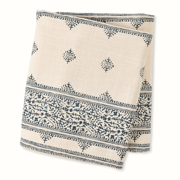 Natural cotton tablecloth with indigo blue medallion and border stripe print