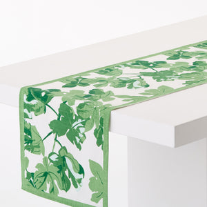 Green fig leaf printed runner with green border and angled corner