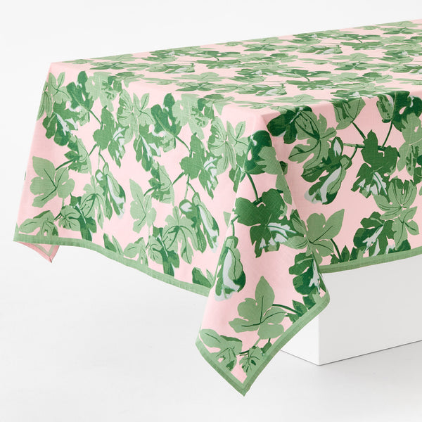 Pink tablecloth with green fig leaf print