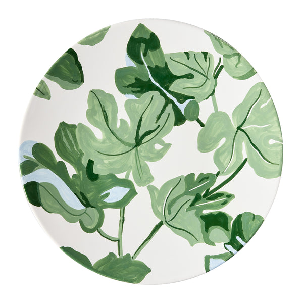 Hand-painted fig leaf dinner plate with green foliage on white background
