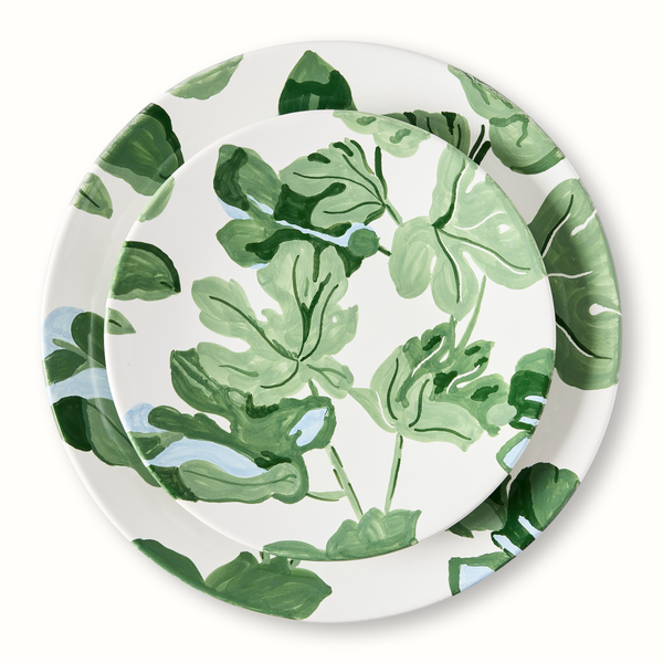 White salad plate with circular hand-painted green foliage pattern