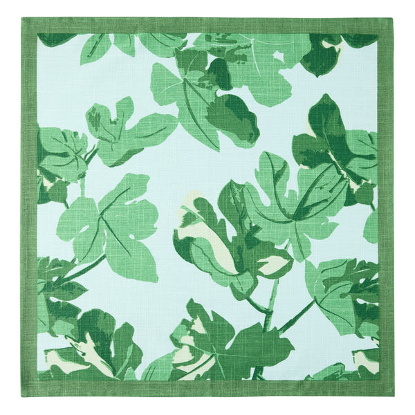 Green and pale blue printed napkin, square layout with leaf-and-fig pattern