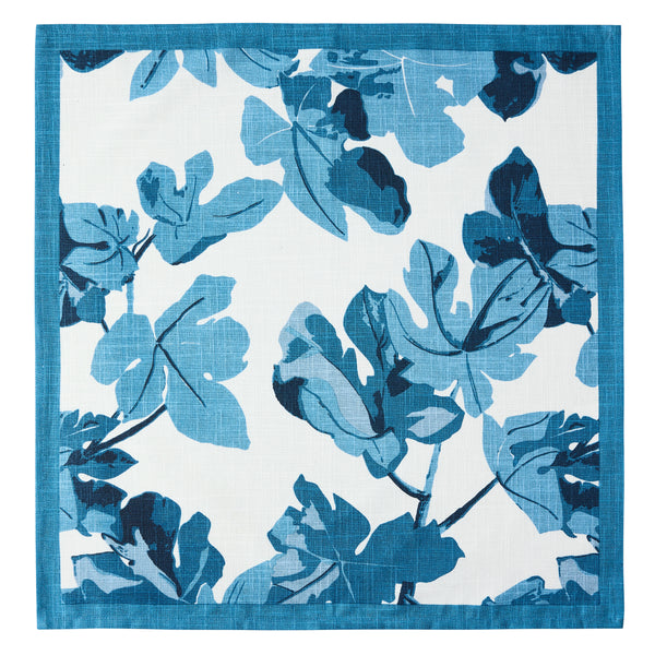 Printed napkin with blue fig-leaf pattern on white, flat square design