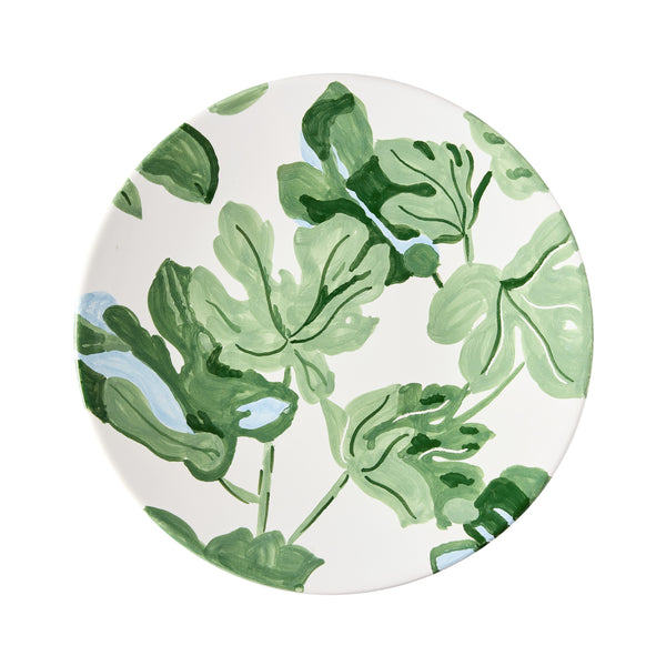 White salad plate with hand-painted green leaf and fig branch pattern