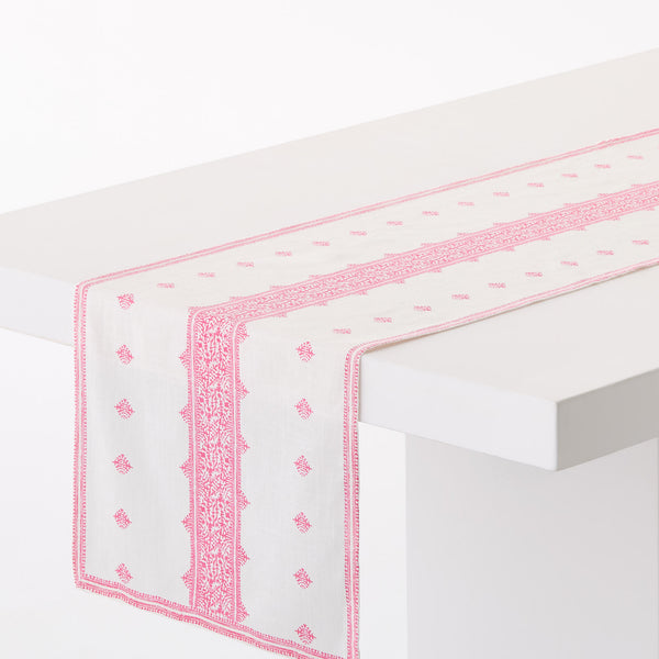 Pink stripe printed runner with patterned border and corner detail
