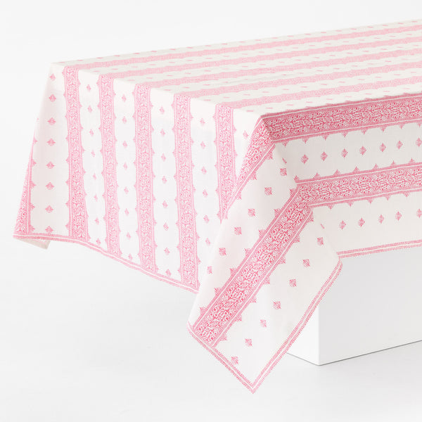 Pink and white stripe printed tablecloth with ornate border