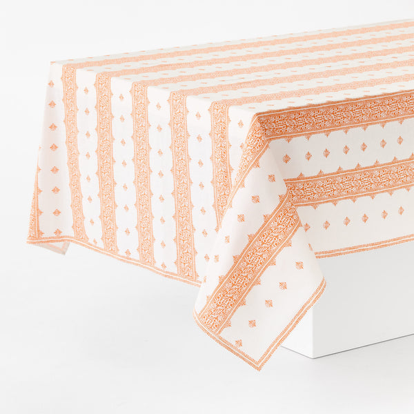 Orange and white striped printed tablecloth with decorative border