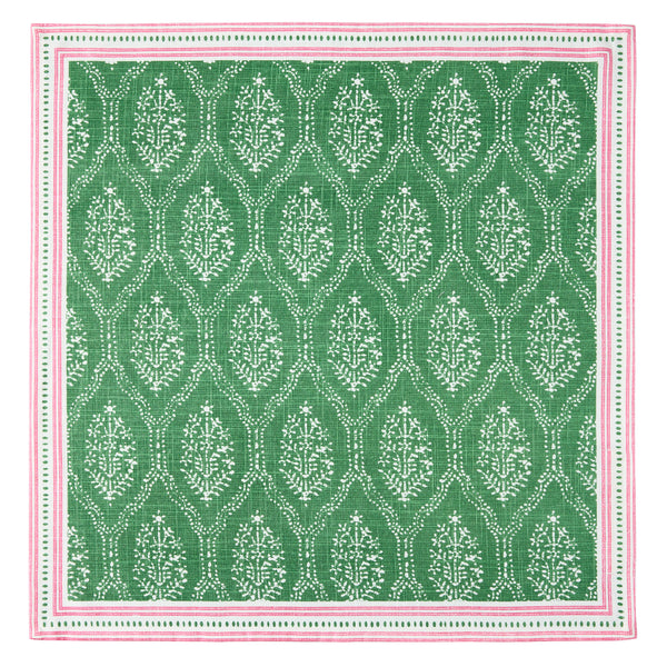 Green jaali printed napkin with pink-trimmed border, square flat view