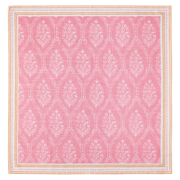 Pink jaali printed napkin with allover damask pattern and orange-trimmed border