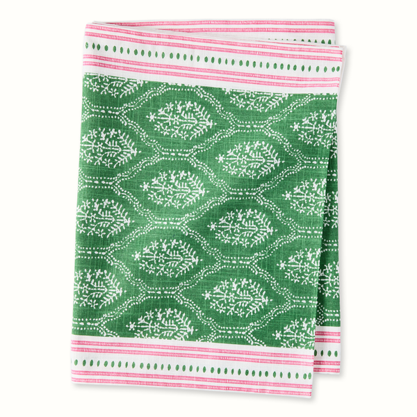 Green jaali printed runner with white motifs and pink striped border