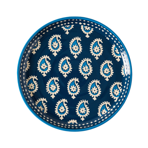 Navy melamine salad plate with paisley teardrop pattern and blue rim