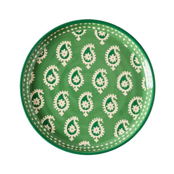 Green melamine salad plate with white paisley pattern
