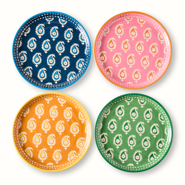 Set of four melamine salad plates with paisley pattern in blue, pink, orange, green