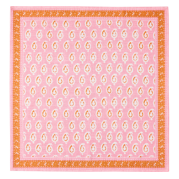 Pink paisley printed napkin with orange border, square design