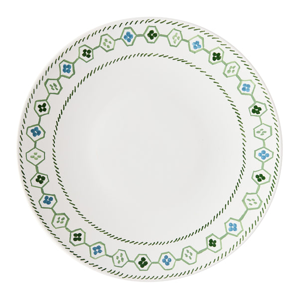 Dinner plate with green hand-painted hexagon floral border