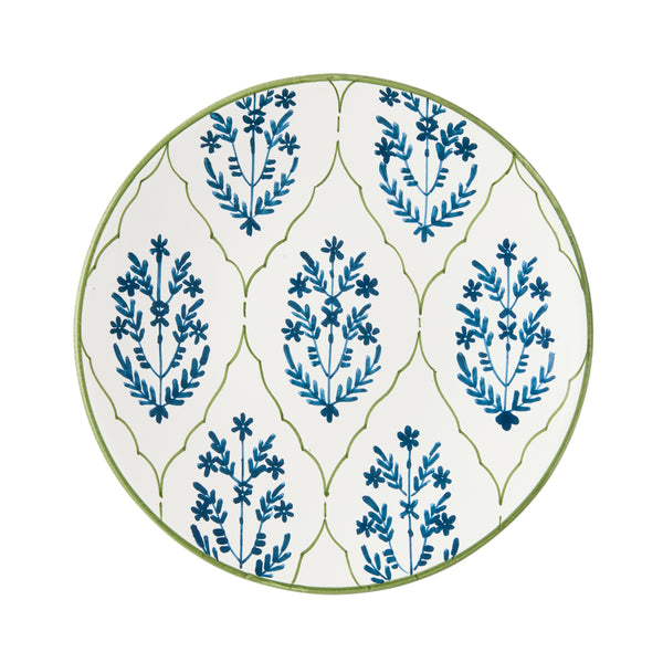 Salad plate with blue botanical sprigs on white center and green outline