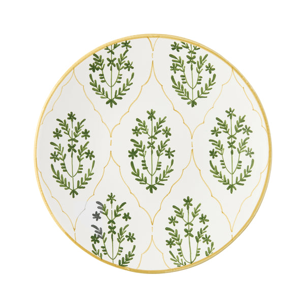 Olive green and white jaali salad plate with centered botanical motif and gold rim
