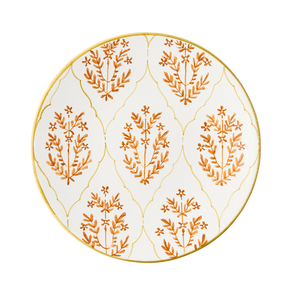 Orange jaali salad plate with white center, orange tree motif, and gold rim edge