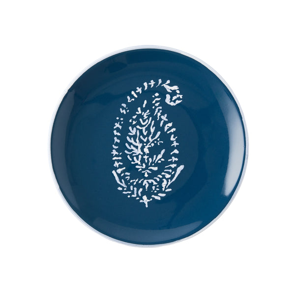 Indigo blue appetizer plate with a white coral-like motif and thin rim