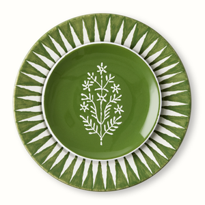 Olive green appetizer plate with white tree branch design, centered on ridged outer ring