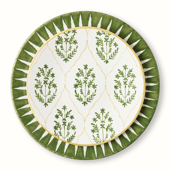 Olive green and white salad plate with botanical motif, gold rim, and green sunburst edge