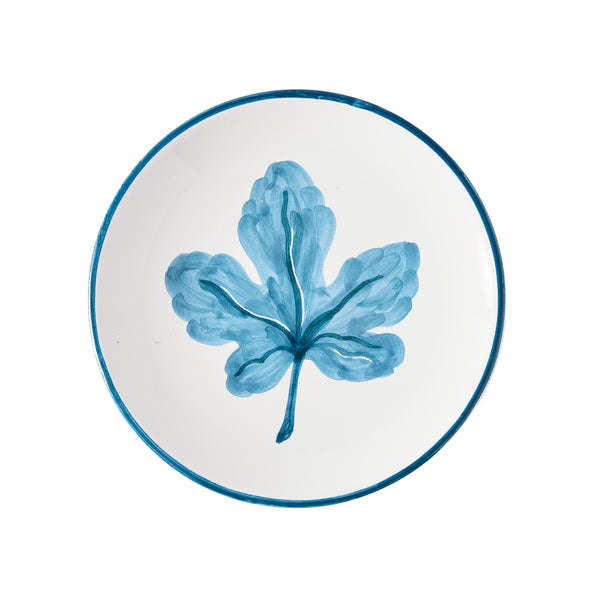 Blue hand-painted fig blossom appetizer plate with glossy rim detail