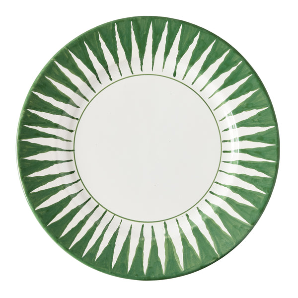 Green sunburst dinner plate with hand-painted leaf rays and white center