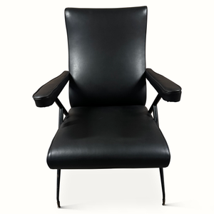 Black leather reclining armchair with padded arms, seat, and backrest; black metal legs