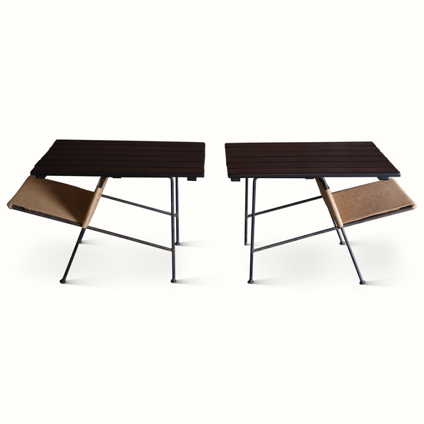 Pair of slat iron side tables with dark slatted tops and wicker lower shelves