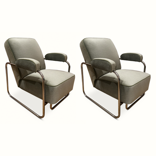 Pair of dark fabric reclining chairs with chrome frames and green-trimmed armrests
